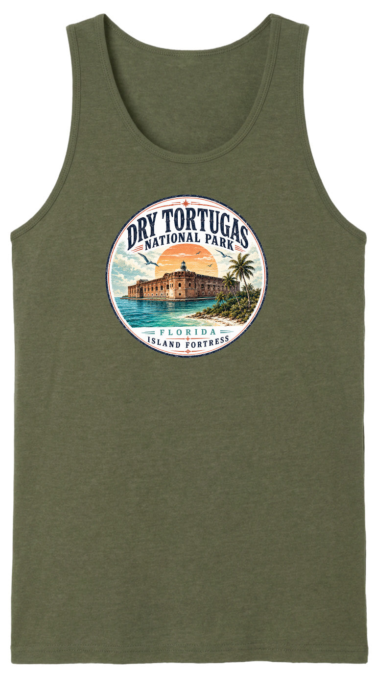 A green tank top with a circular design featuring a tropical island and a building, along with the text "Dry Tortugas National Park, Florida Island Fortresses".