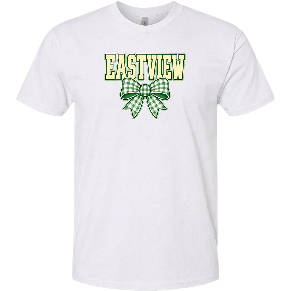 A white t-shirt with a green and white bow and the word "EASTVIEW" printed on it.