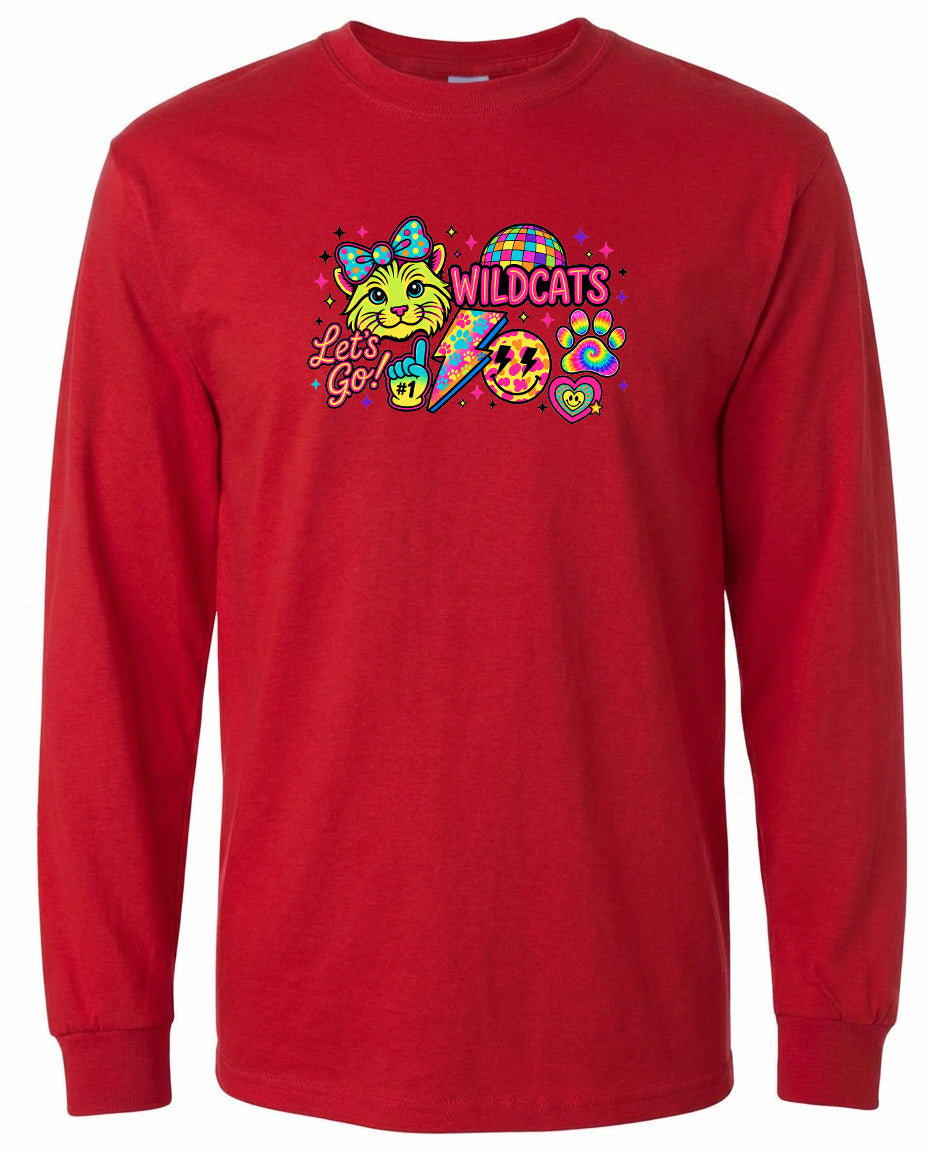 A red long-sleeved t-shirt with a colorful graphic design featuring a cat, a smiley face, and the text "Wildcats" along with a lightning bolt symbol.
