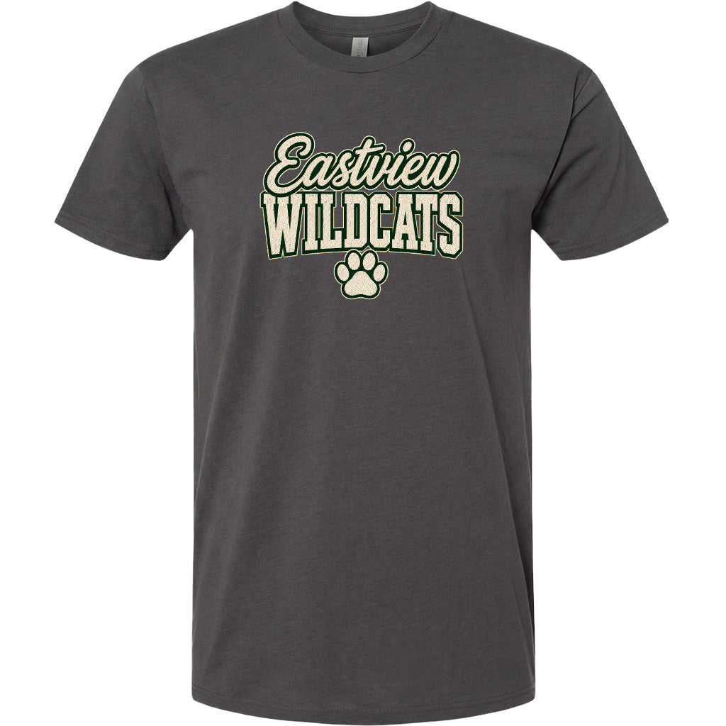 A gray t-shirt with the text "Eastview Wildcats" printed on it.