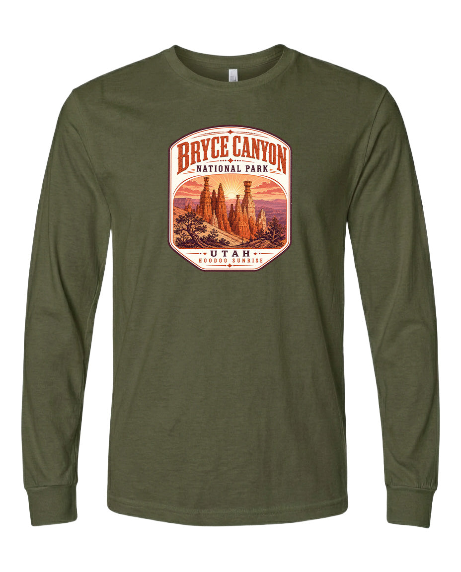 A long-sleeved green t-shirt with a graphic design depicting Bryce Canyon National Park in Utah.