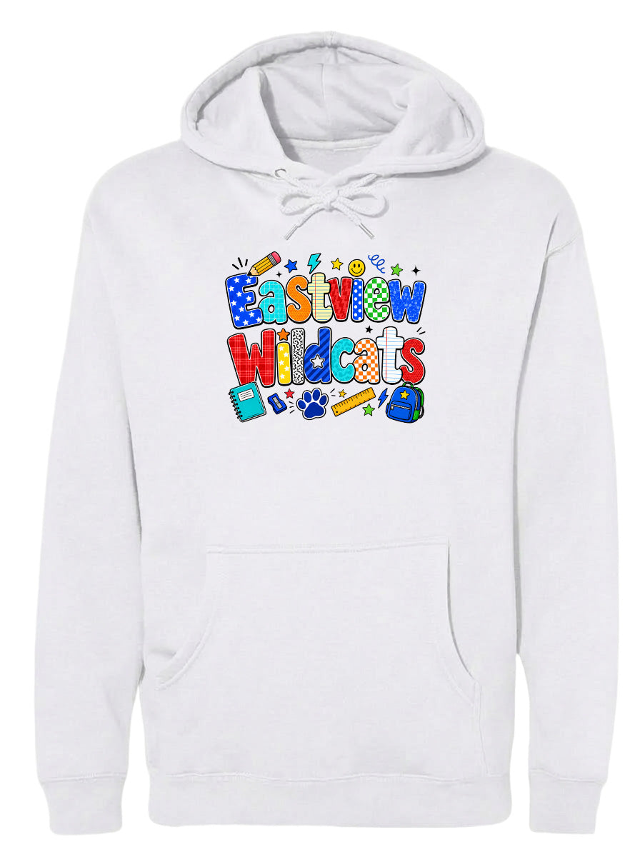 A white hoodie with a colorful graphic design featuring the text "Eastview Wildcats" and various school-related icons such as a backpack, pencil, and book.