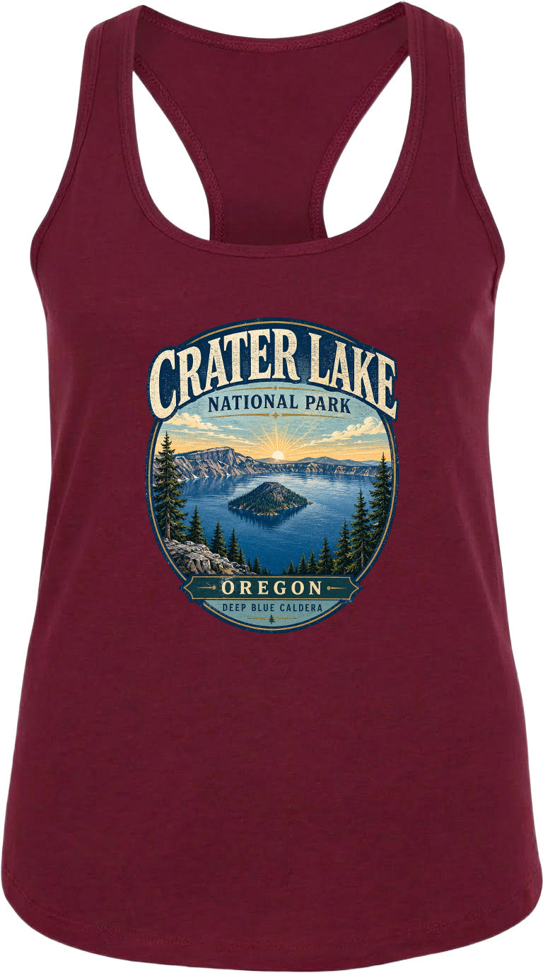 A red tank top with a graphic design depicting Crater Lake National Park in Oregon.