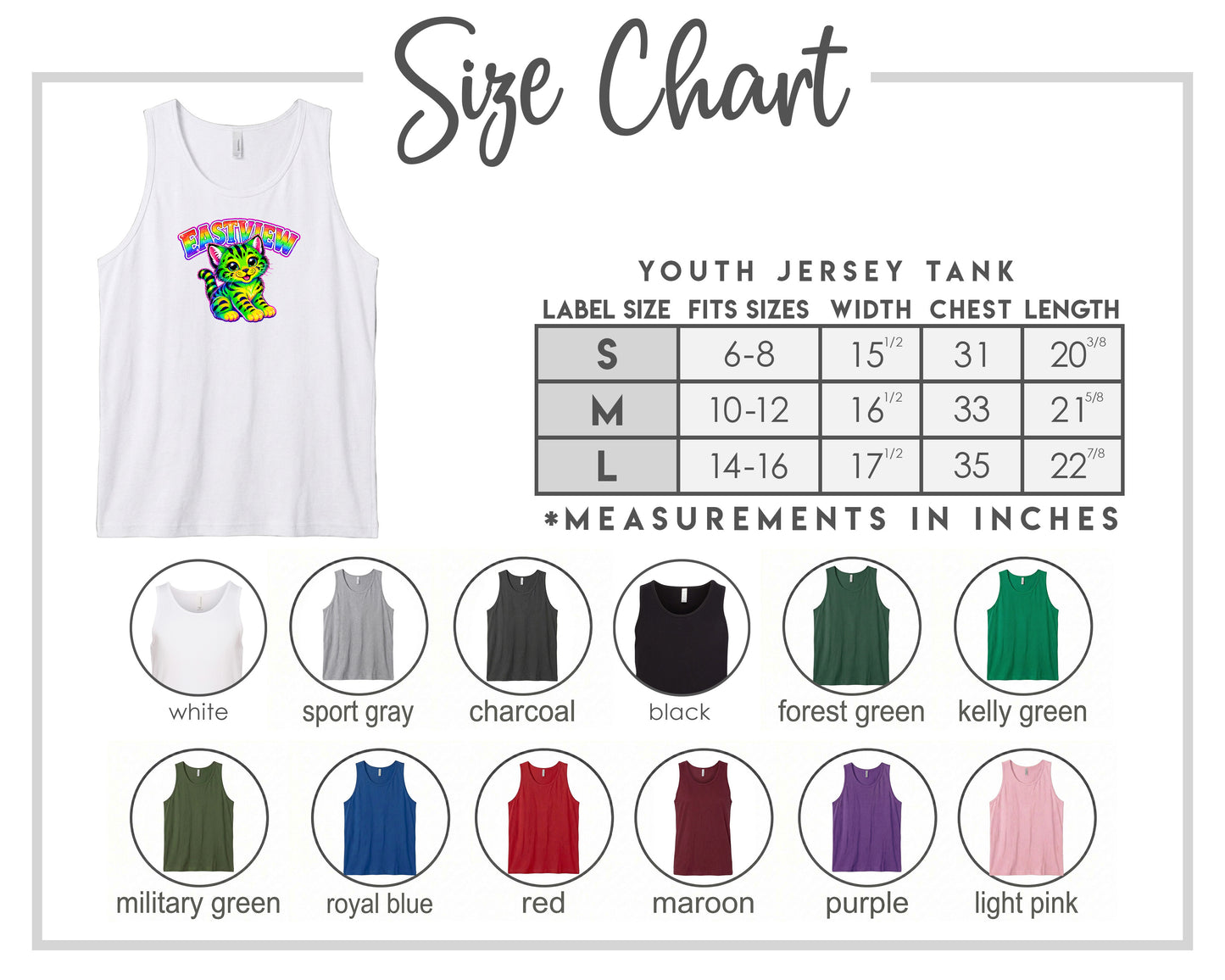 The image is a size chart for a youth jersey tank, displaying various label sizes and corresponding chest measurements. The chart includes a white tank with a colorful graphic on it, along with a table of size and chest measurement information. The chart also includes a variety of colored tops, each labeled with a different color, to provide a visual representation of the different label sizes and corresponding chest measurements.