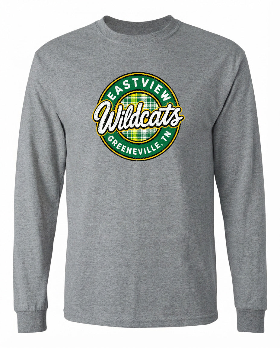 A gray long-sleeved t-shirt with a circular logo on the front. The logo features the text "Eastview Wildcats" and "Greeneville, TN" in a stylized font.