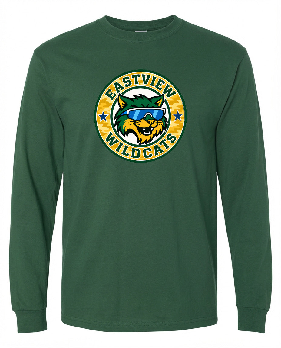 A green long-sleeved t-shirt with a graphic design featuring a cartoon-like cat wearing sunglasses and surrounded by a circular logo with the text "EASTVIEW WILDCATS".