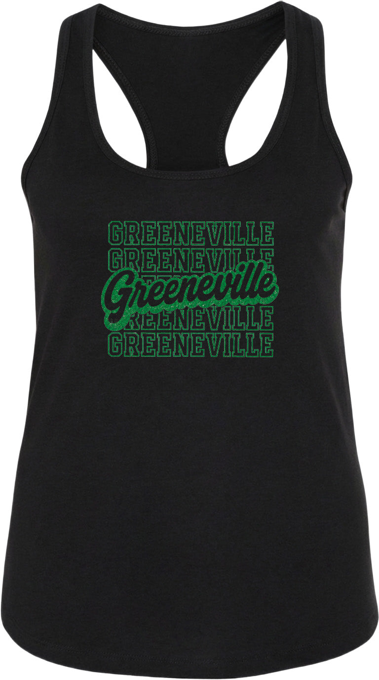 A black tank top with the text "GREENVILLE" printed in green on it.