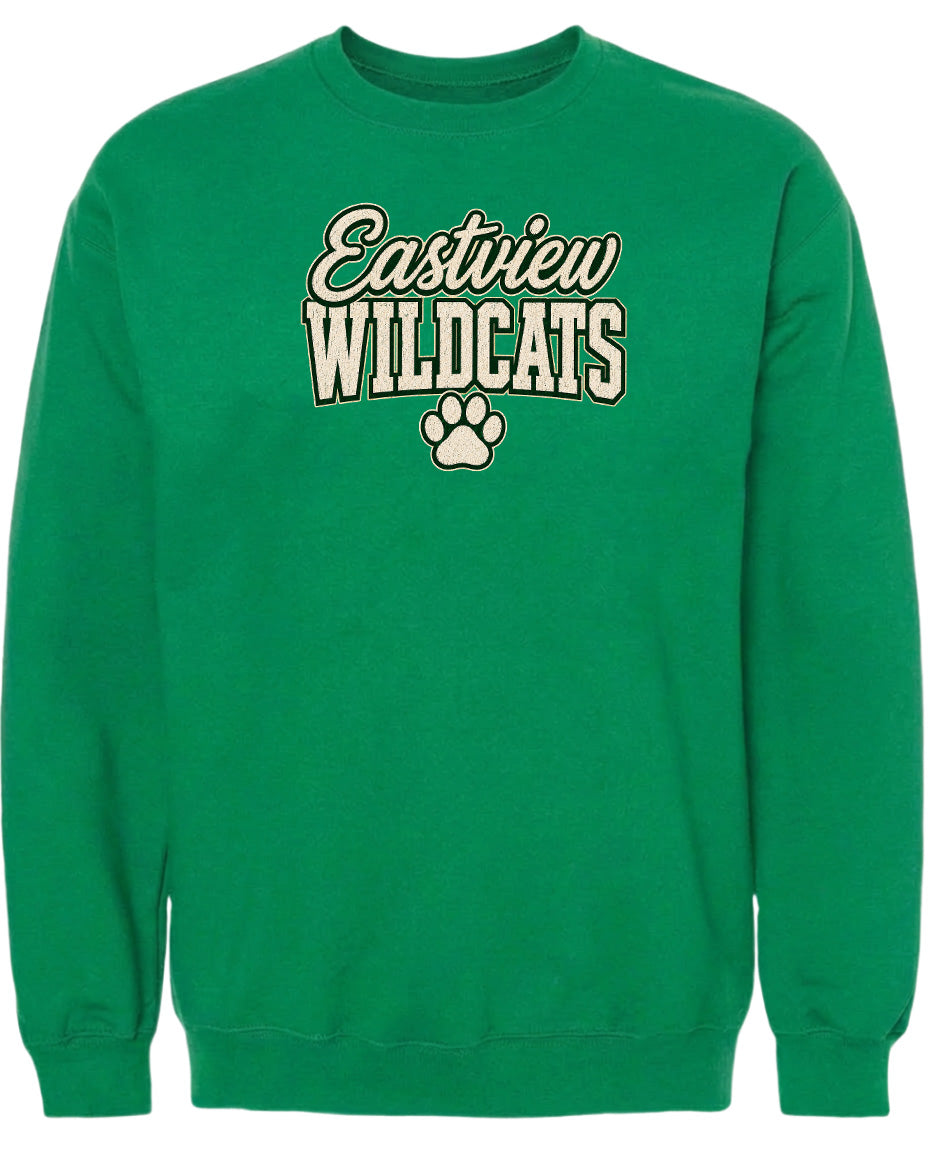 A bright green sweatshirt with the text "Eastview Wildcats" printed on it.