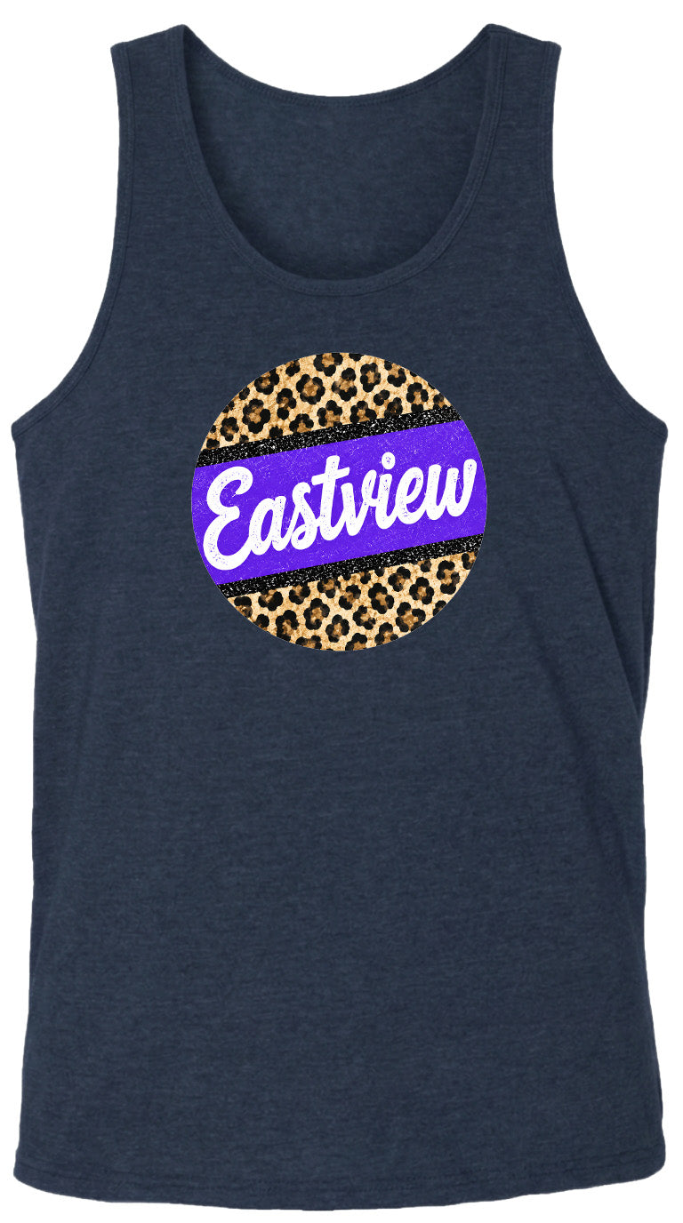 A dark blue tank top with a circular design on the front featuring a leopard print pattern and the word "Eastview" written in white text.