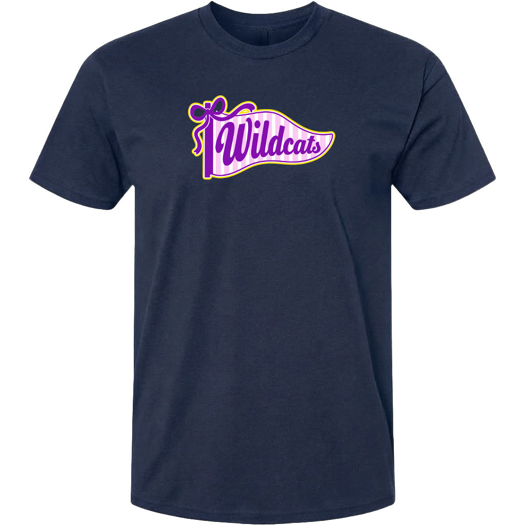 A navy blue t-shirt with a graphic design featuring the text "Wildcats" in purple and yellow colors.