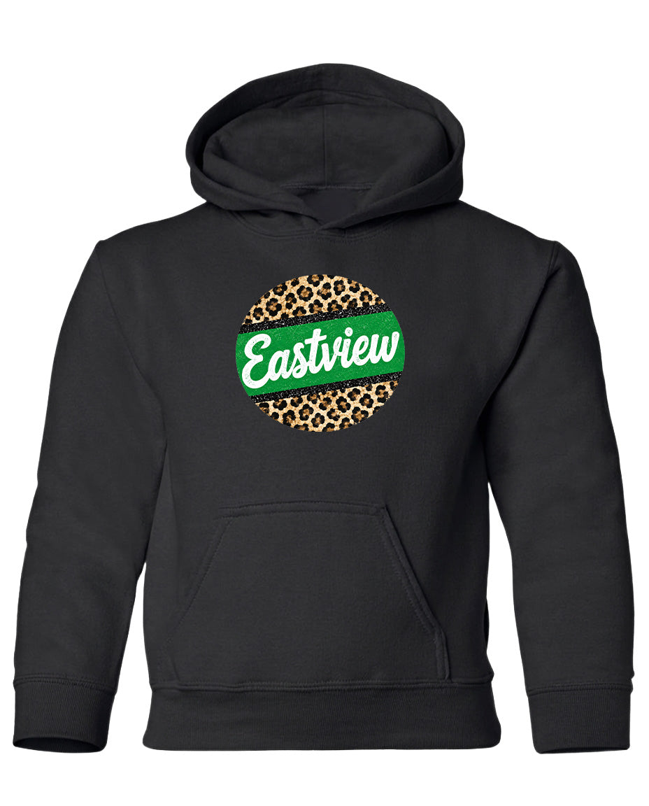A black hoodie with a leopard print design and the word "Eastview" printed on it.