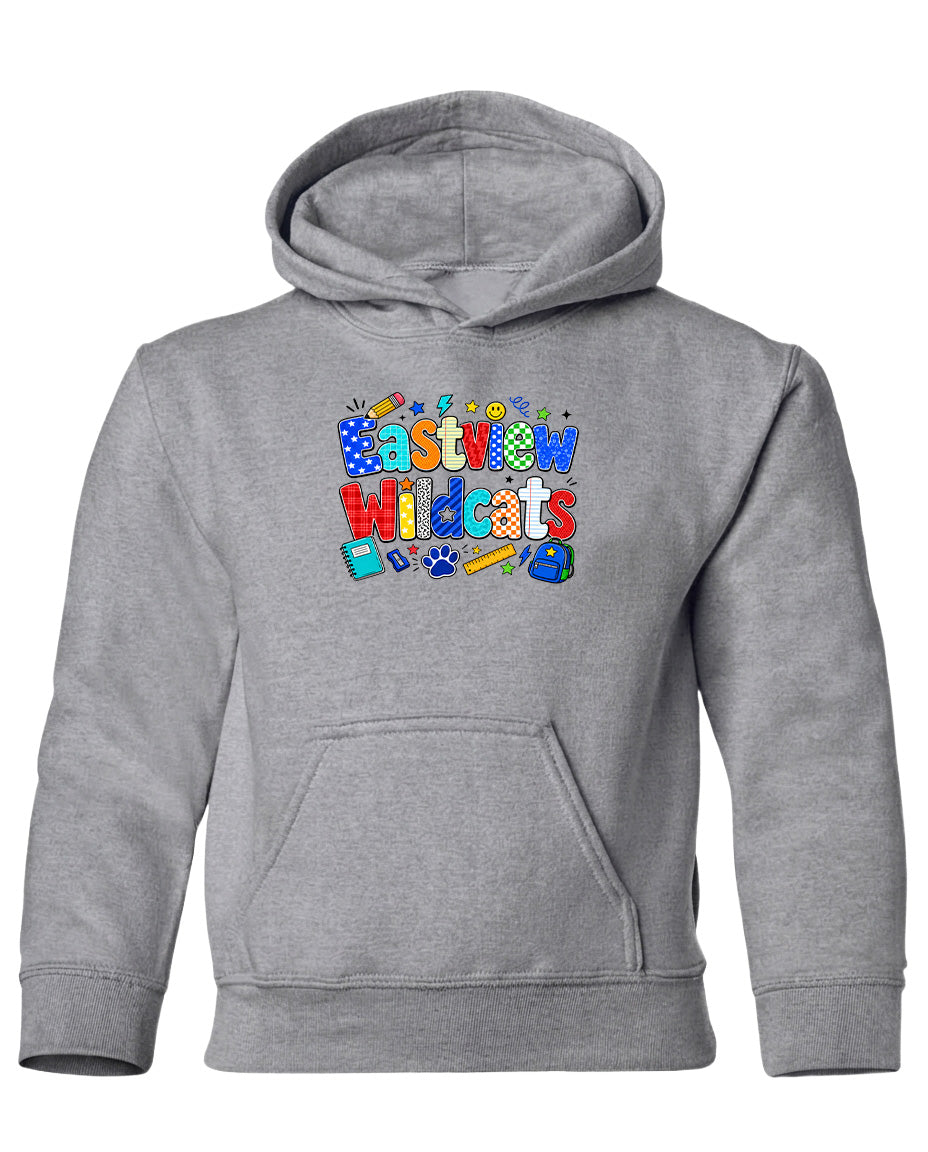 A gray hoodie with a colorful graphic design featuring the text "Eastway Wildcats" and various school-related icons.