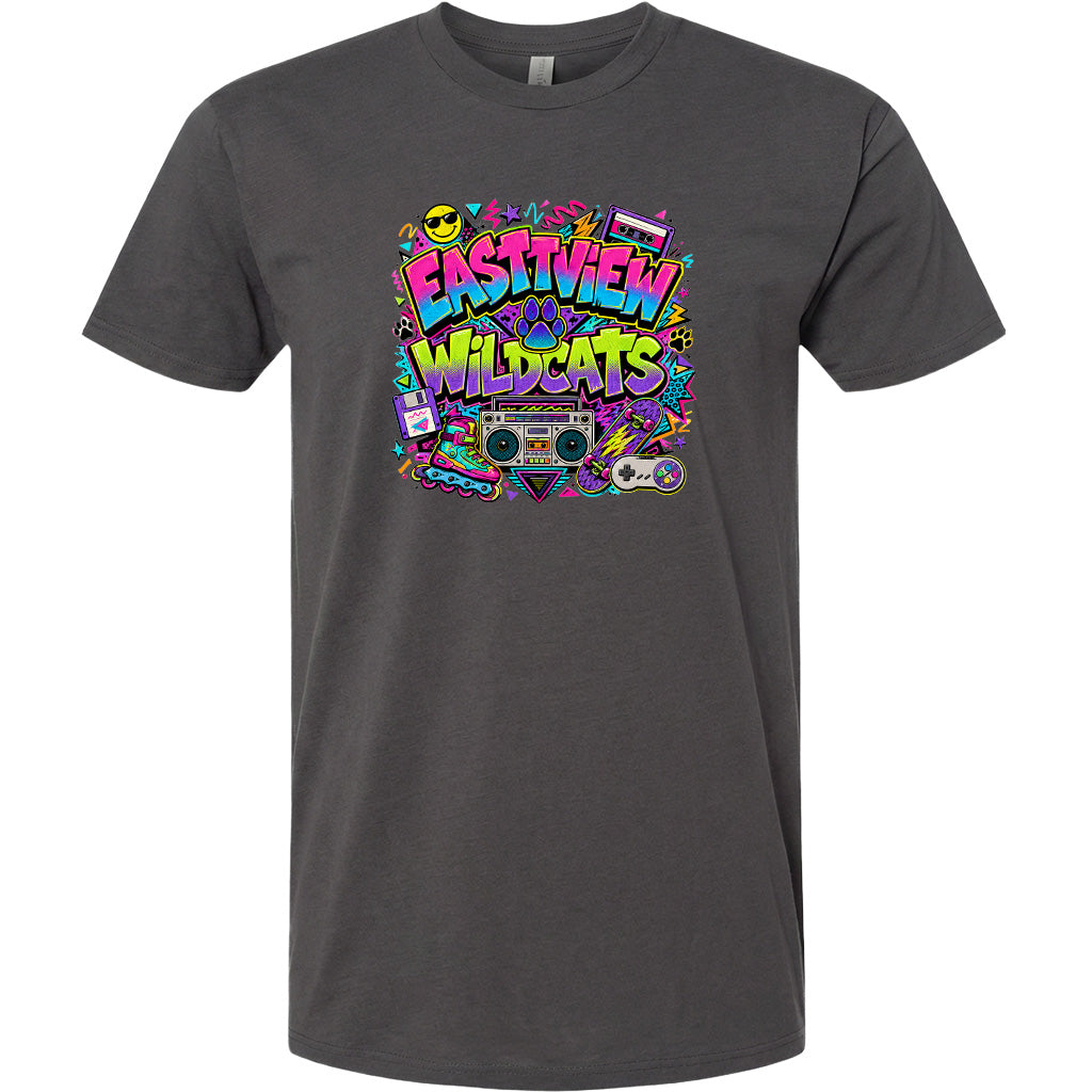A gray t-shirt with a colorful graphic design featuring the text "Eastview Wildcats" surrounded by various icons and symbols, such as a boombox, sunglasses, and a skateboard.