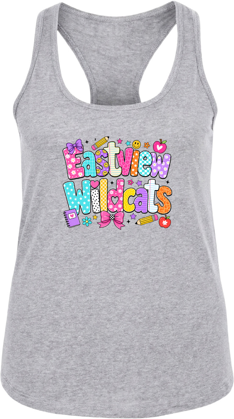 A gray tank top with a colorful graphic design featuring the text "Eastview Wildcats" in a playful, cartoon-like font.