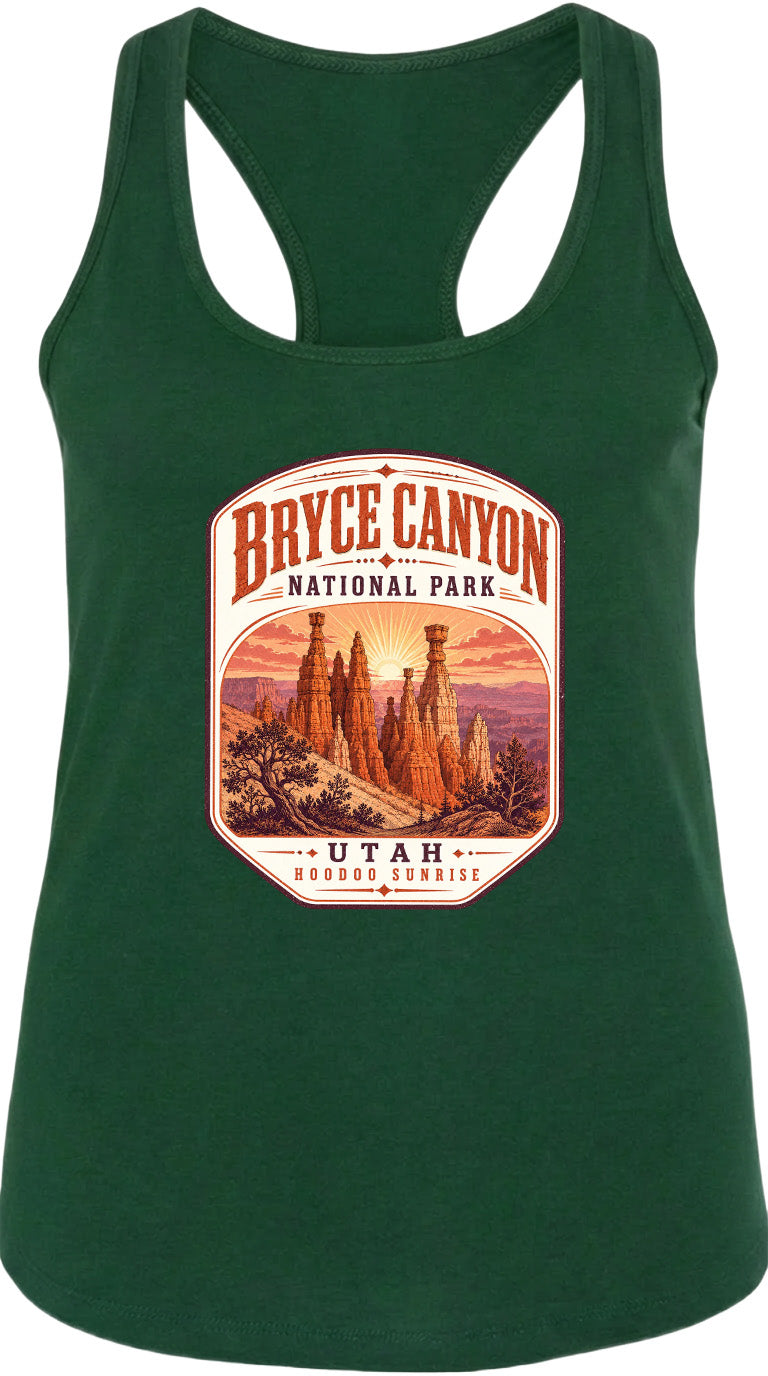 A green tank top with a graphic design depicting the Bryce Canyon National Park in Utah, featuring the iconic hoodoos and the sunrise.