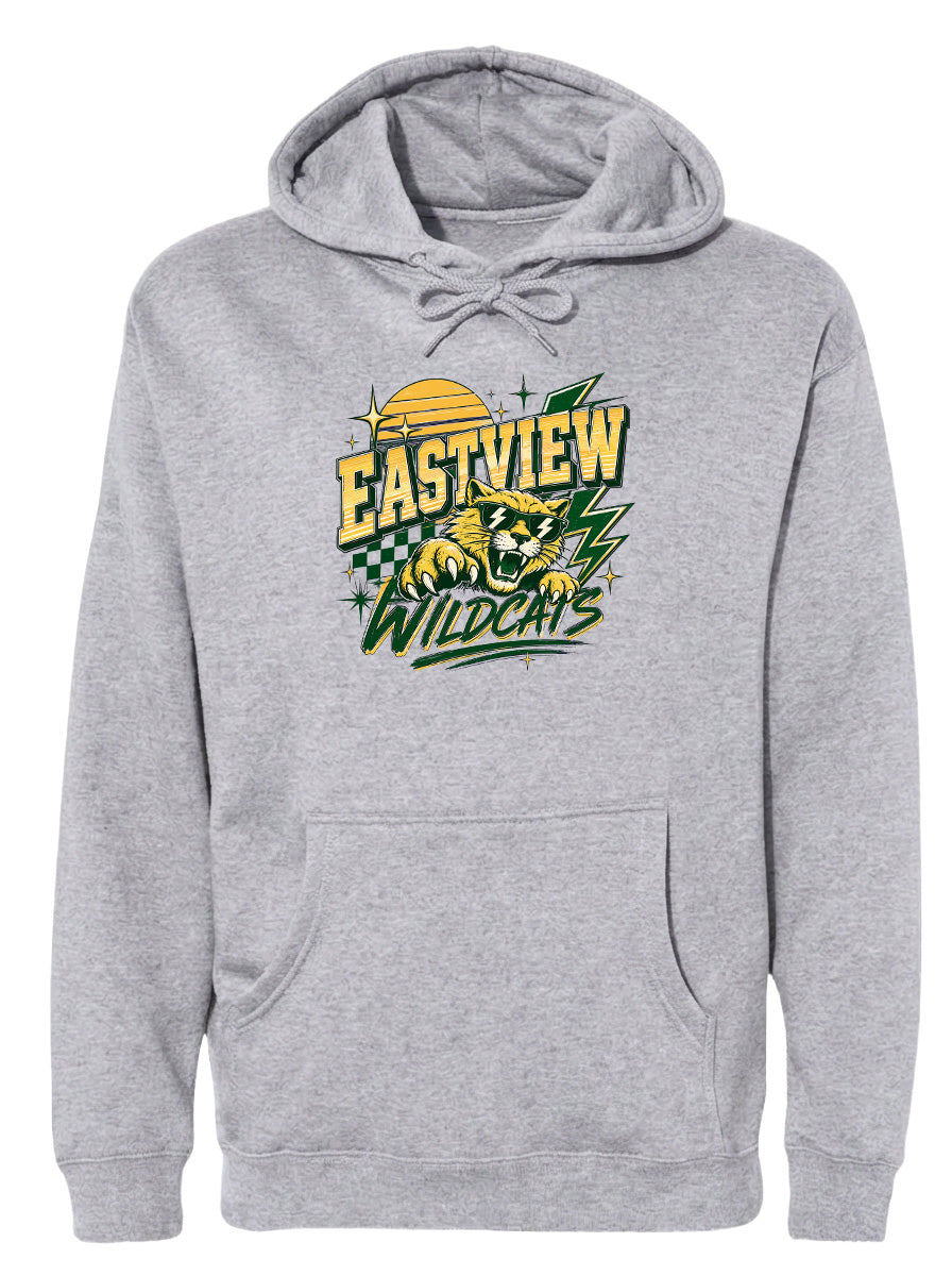 A gray hoodie with a graphic design featuring a panther and the text "EASTVIEW WILDCATS" printed on it.