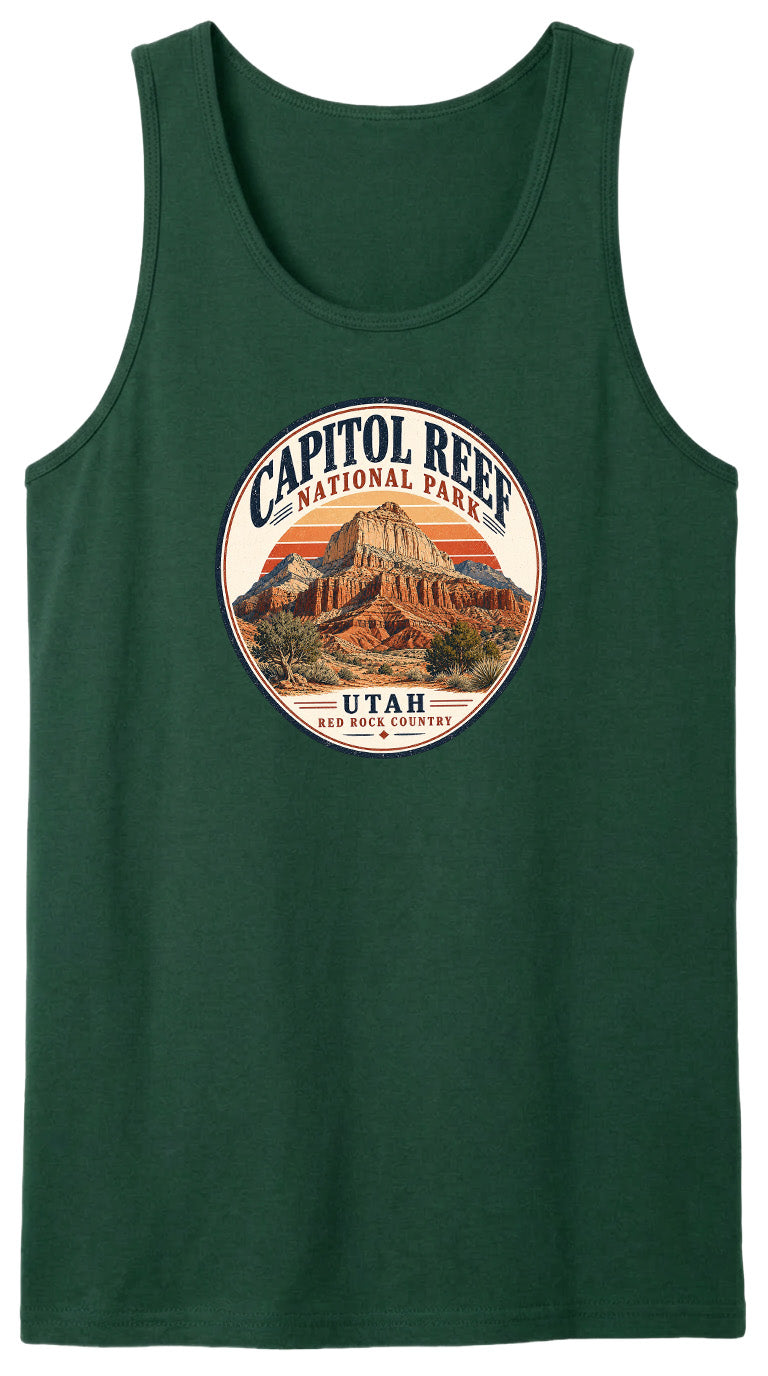 A green tank top with a circular design featuring the Capitol Reef National Park in Utah.