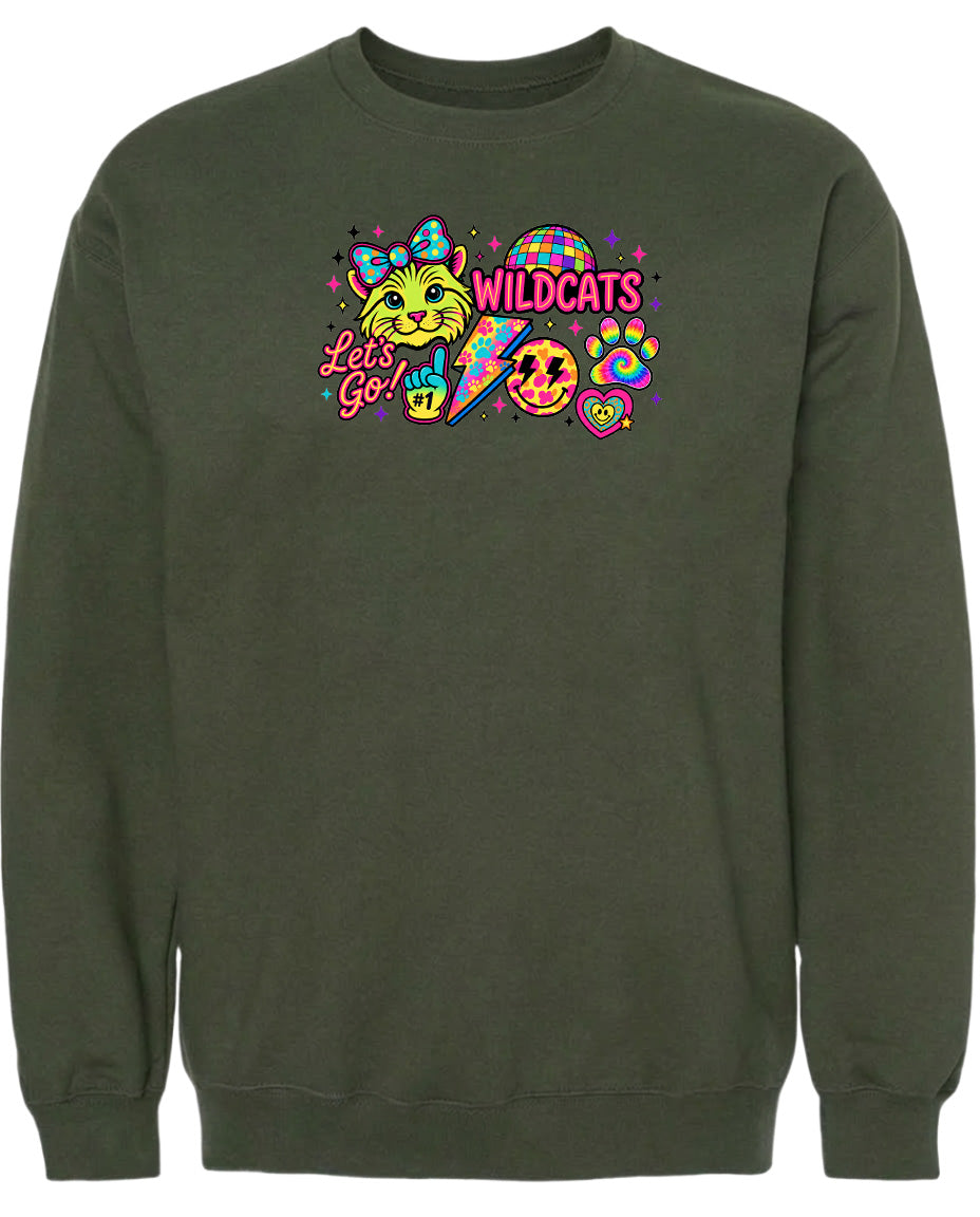 A green sweatshirt with a colorful graphic design featuring a cat, a rainbow, and various other elements.
