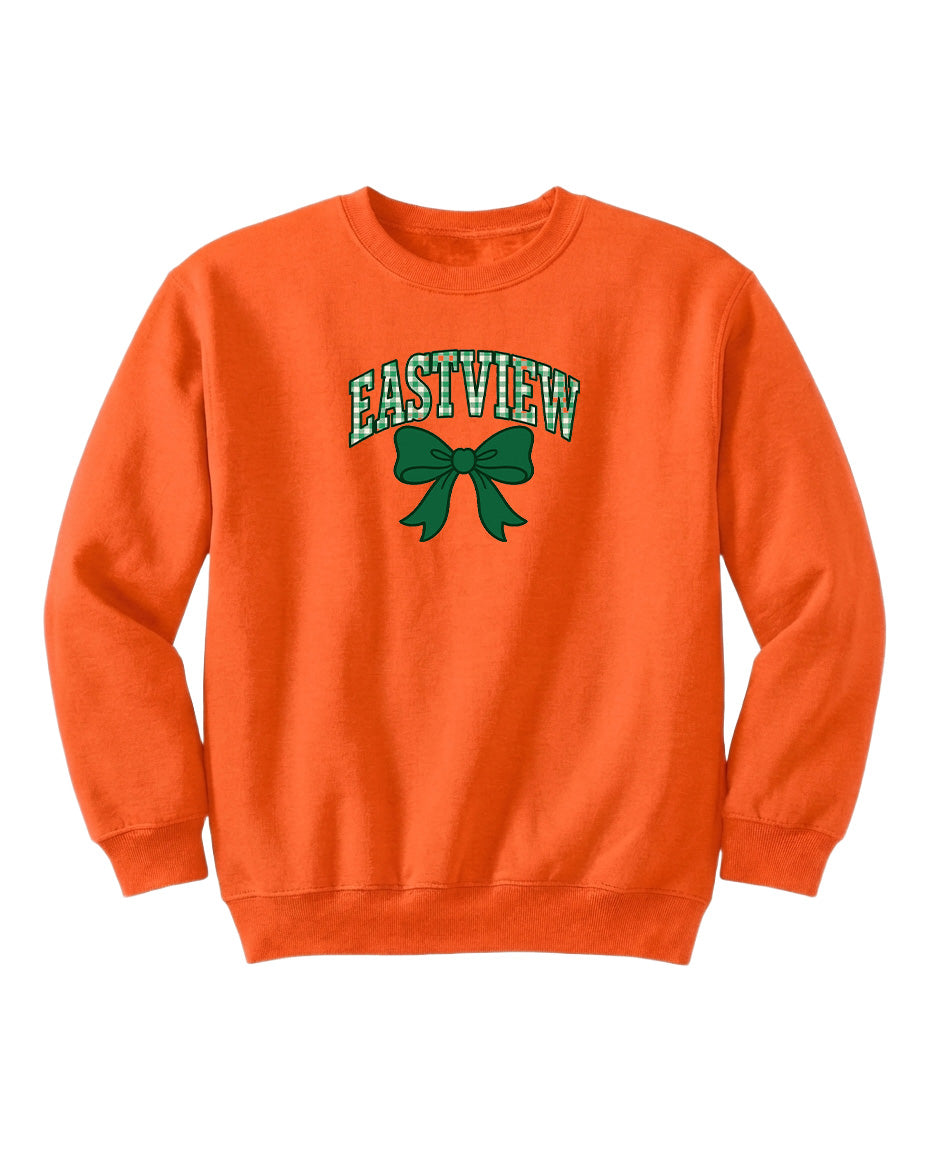 An orange sweatshirt with a green bow and the word "EASTVIEW" printed on it.