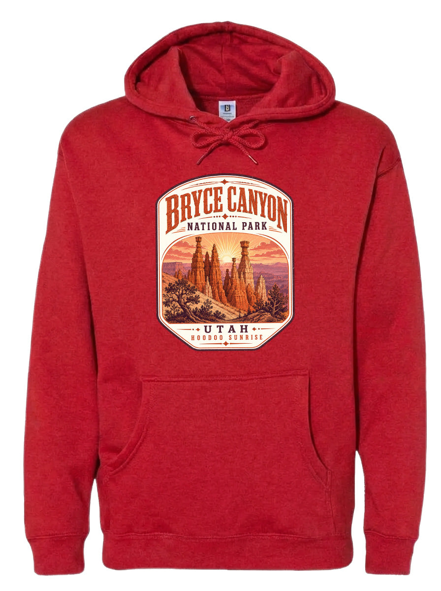 A red hoodie with a graphic design depicting Bryce Canyon National Park and Utah.