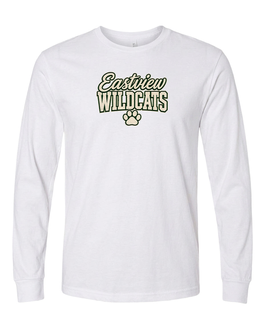 A white long-sleeved t-shirt with a graphic design featuring the text "Eastview Wildcats" and a paw print.