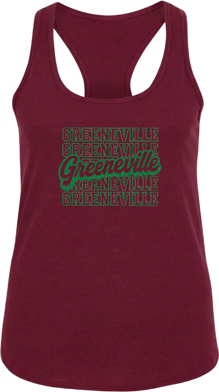 A burgundy tank top with the text "GREENVILLE" printed in green on the front.