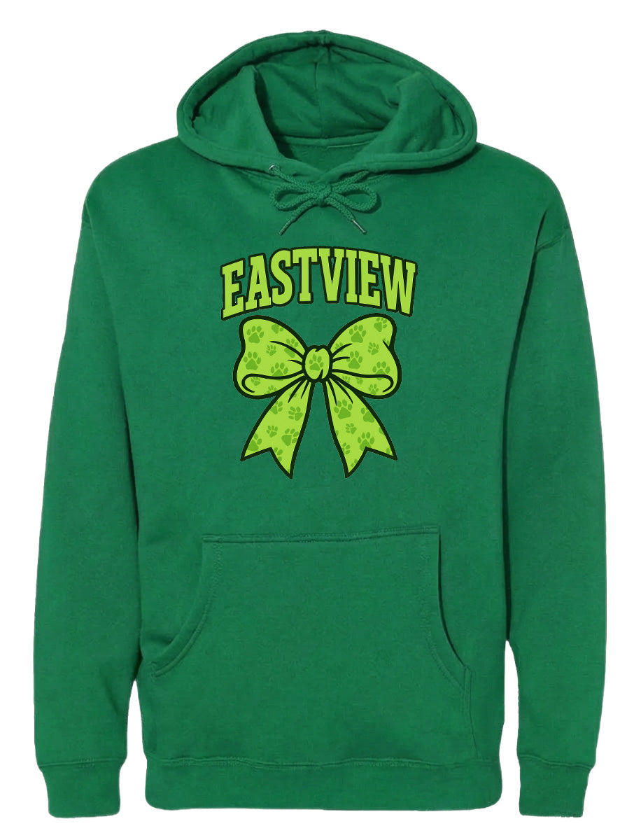 A green hoodie with a yellow bow and the word "EASTVIEW" printed on it.