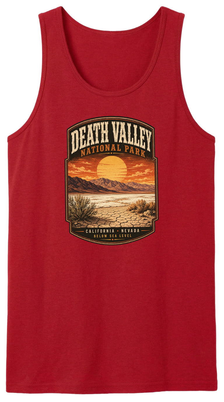 A red tank top with a graphic design depicting Death Valley National Park, including a sunset landscape and mountains.