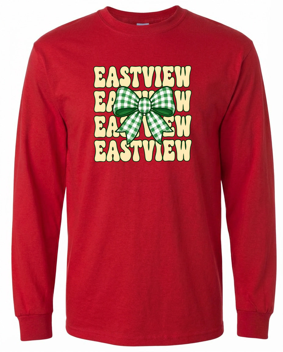 A red long-sleeved t-shirt with a graphic design featuring a green and white checkered bow and the text "EASTVIEW" repeated in a vertical pattern.