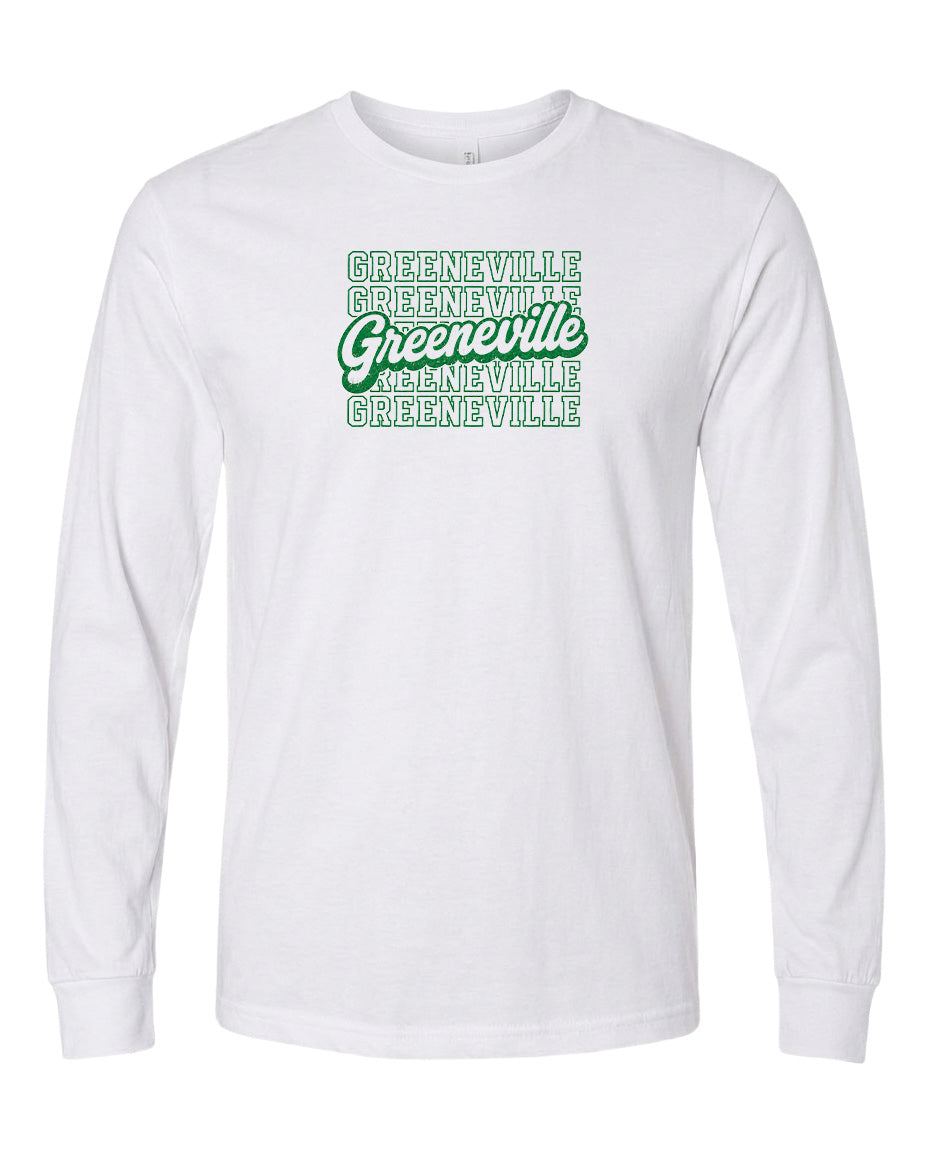 A white long-sleeved t-shirt with the text "Greeneville Greeneville Greeneville" printed on it in green.