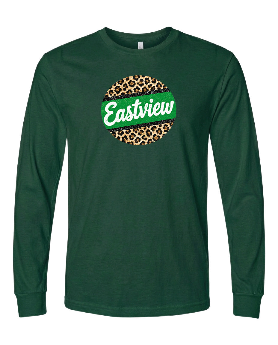 A dark green long-sleeved t-shirt with a leopard print design and the word "Eastview" printed on it.