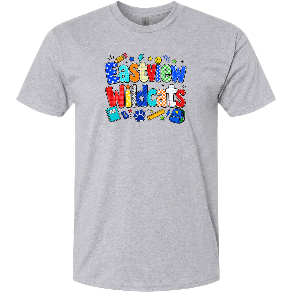 A gray t-shirt with a colorful graphic design featuring the text "Eastview Wildcats" surrounded by various school-related icons and objects.