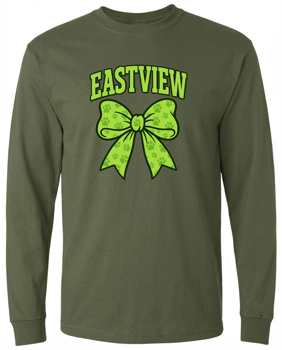 A long-sleeved olive green t-shirt with a graphic design featuring a green bow and paw prints.