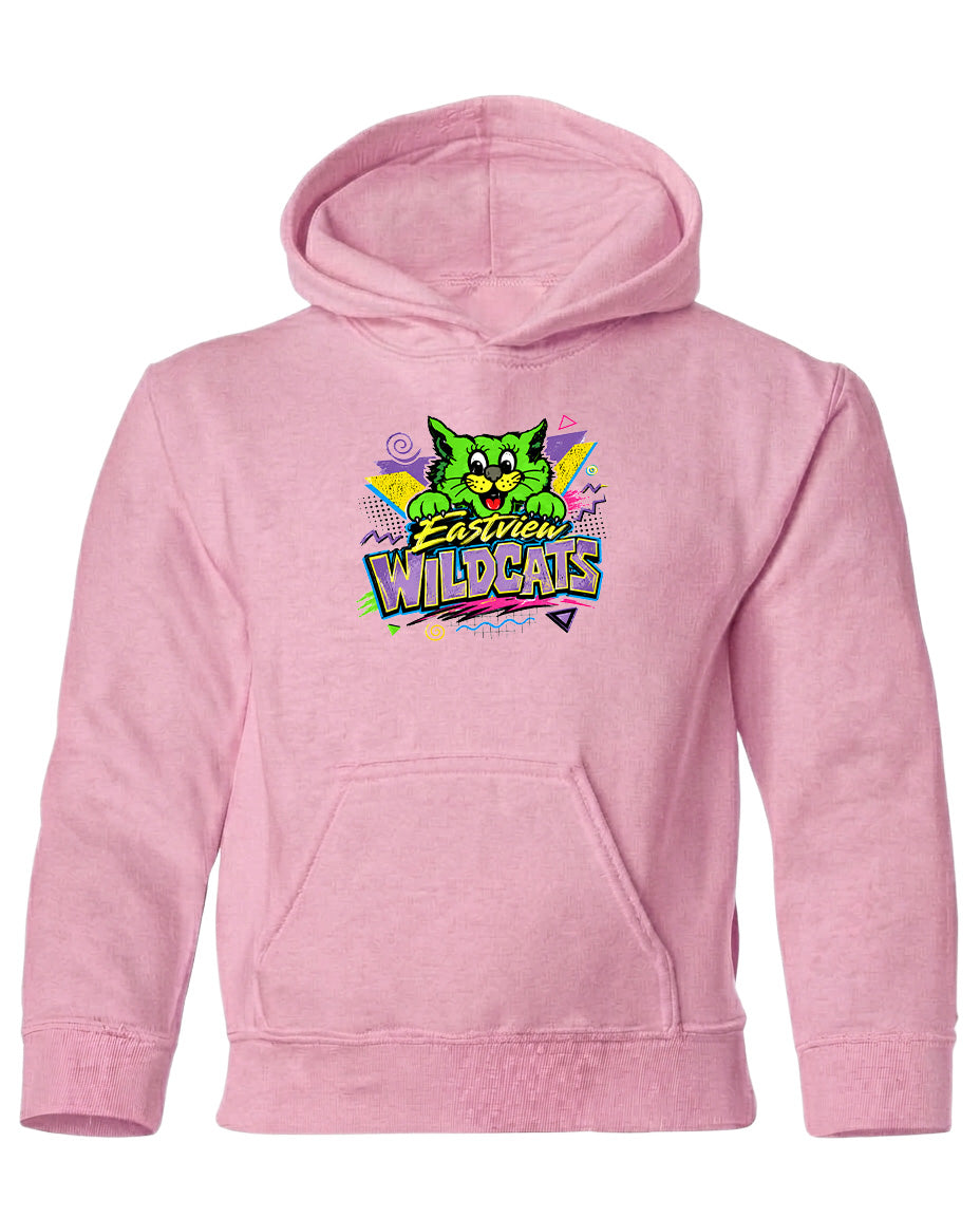 A pink hoodie with a graphic design featuring a cartoon cat and the text "Eastview Wildcats".