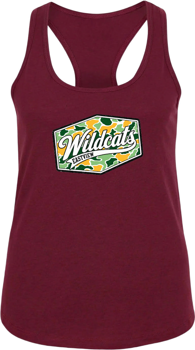 A burgundy-colored tank top with a graphic design featuring the text "Wildcats EASTYPE" and a camouflage pattern.