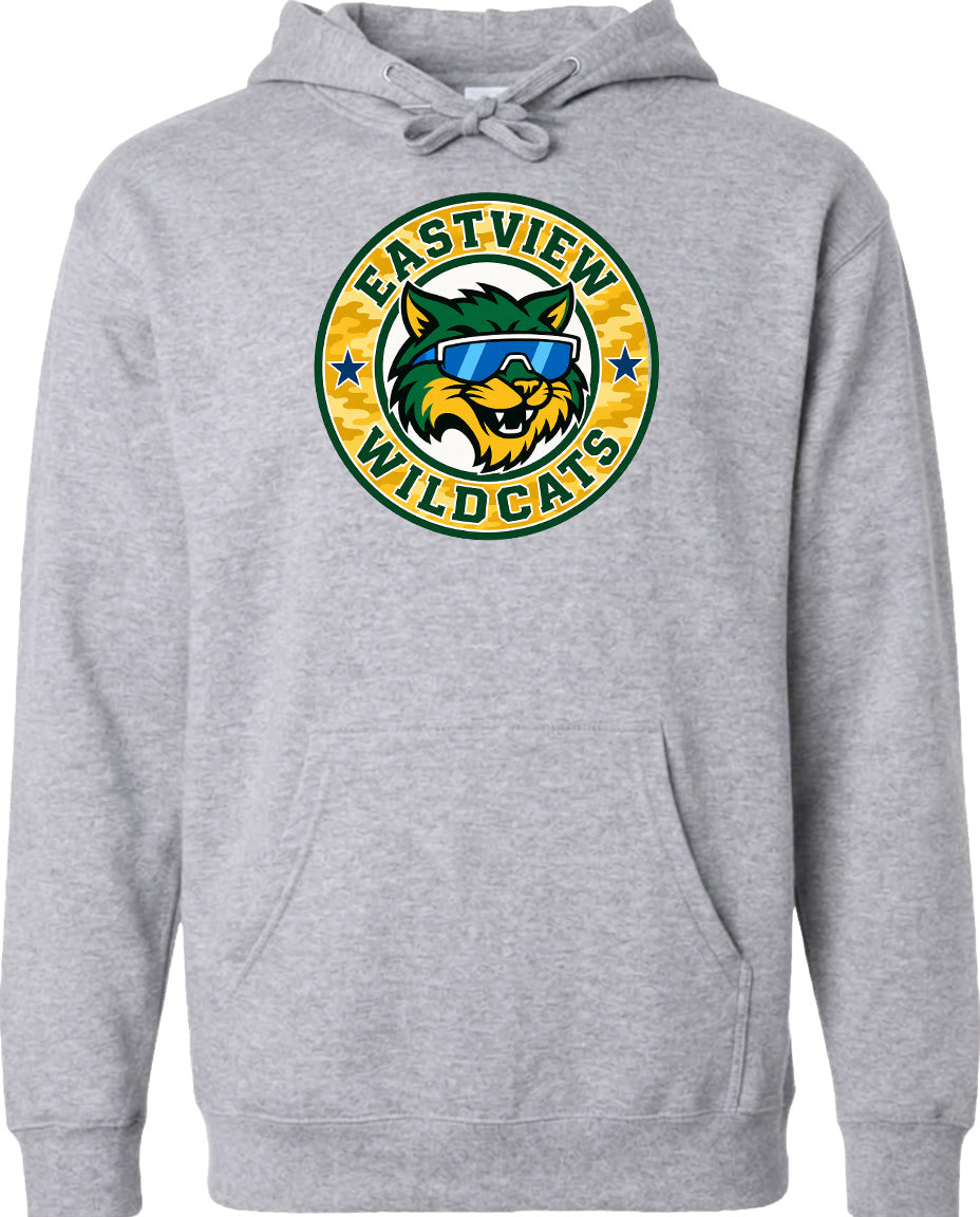 A gray hoodie with a circular logo featuring a cartoon cat wearing sunglasses and the text "EASTVIEW WILDCATS".