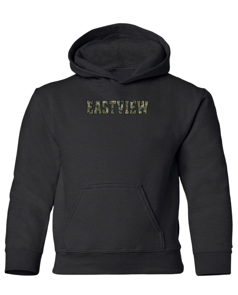 A black hooded sweatshirt with the word "EASTVIEW" printed on it in a camouflage pattern.