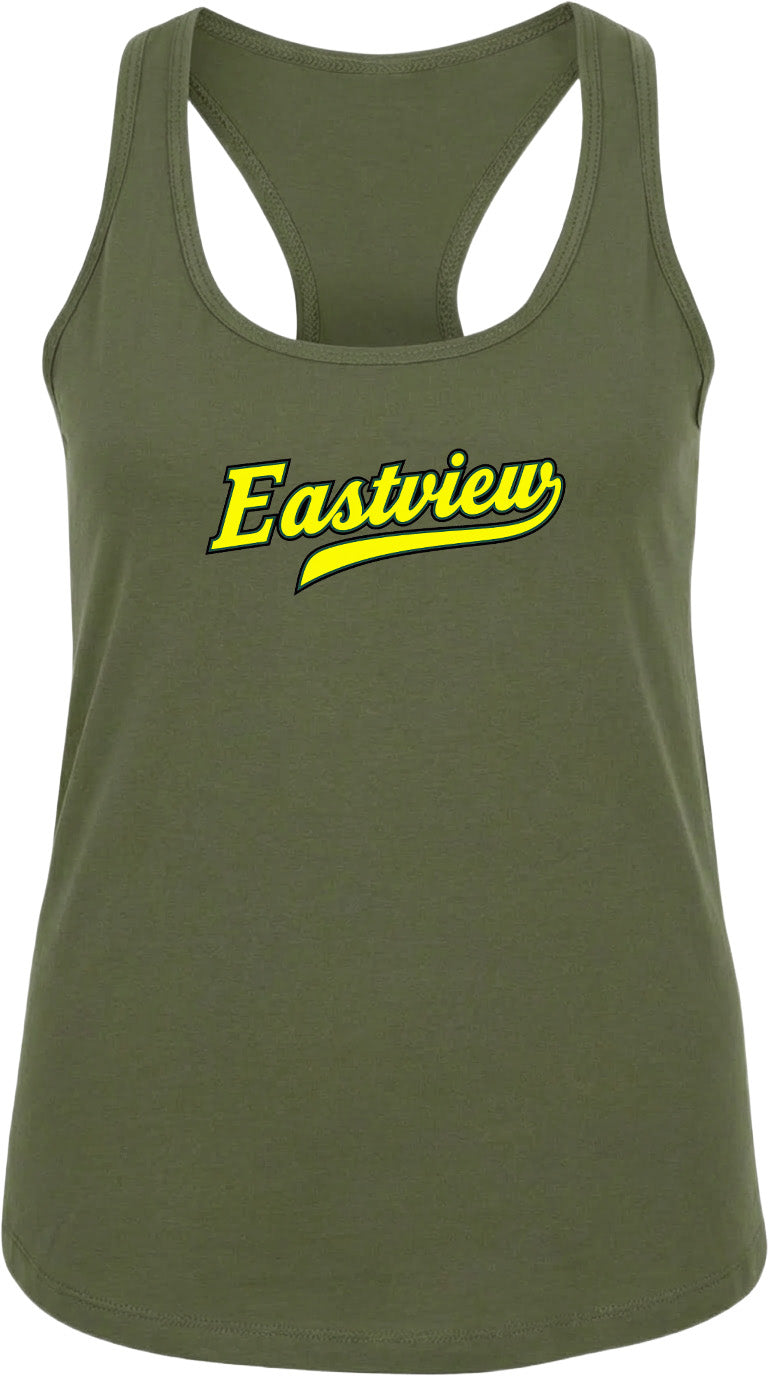 A green tank top with the word "Eastview" printed in yellow on it.