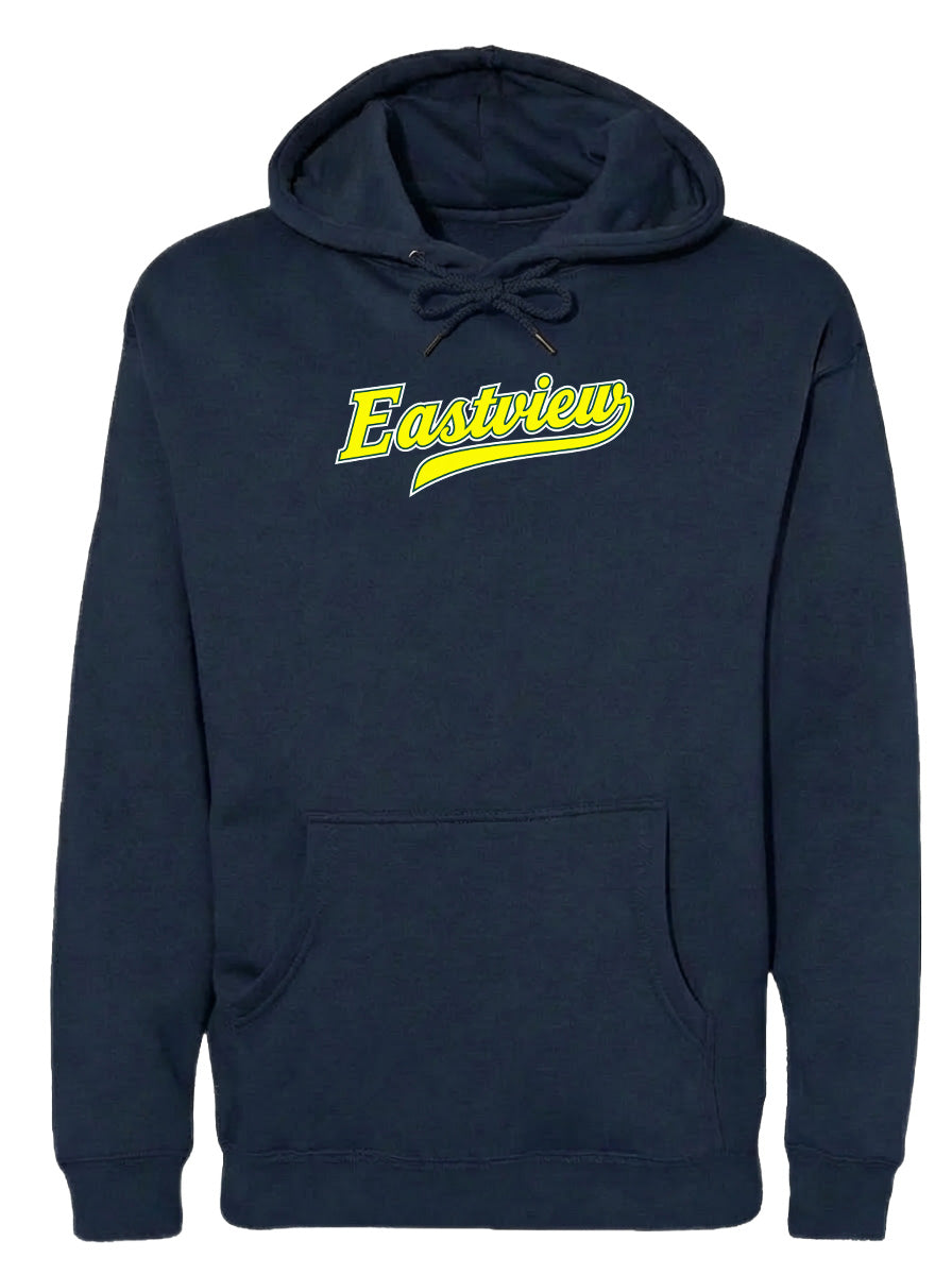 A navy blue hoodie with the word "Eastview" printed in yellow on the front.