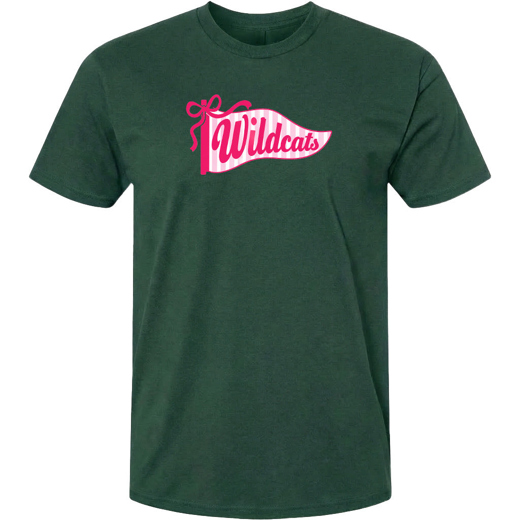 A dark green t-shirt with a graphic design featuring a banner with the word "Wildcats" in pink and white colors.