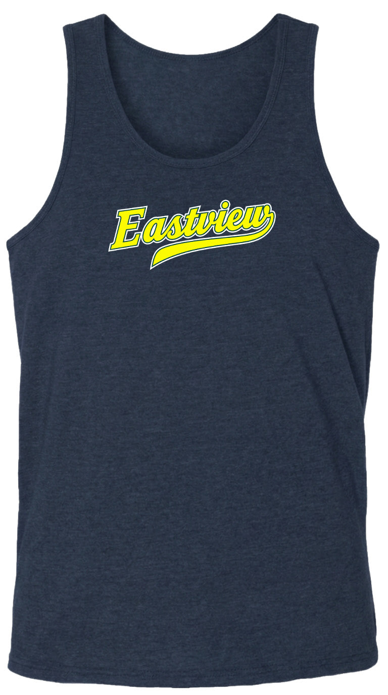 A navy blue tank top with the word "Eastview" printed in yellow on the front.