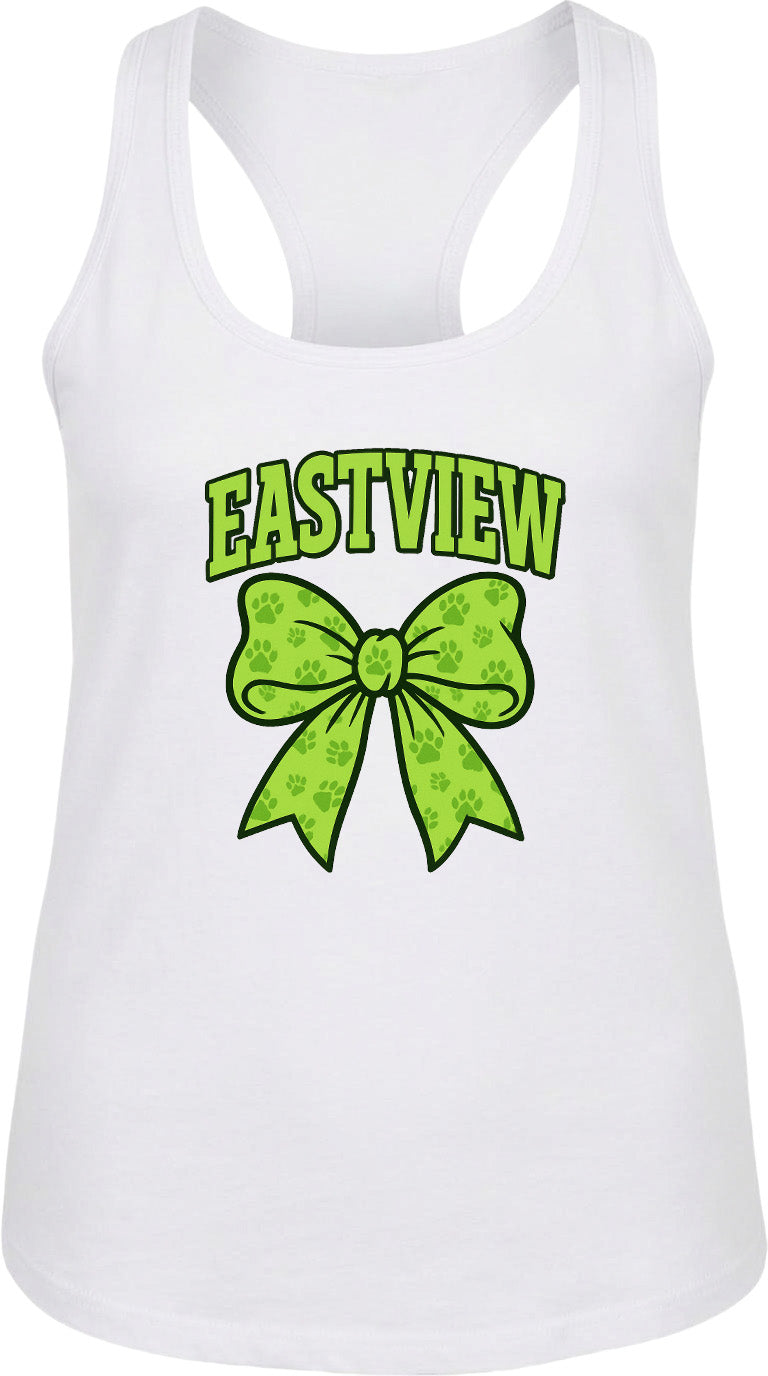 A white tank top with a green bow and the word "EASTVIEW" printed on it.