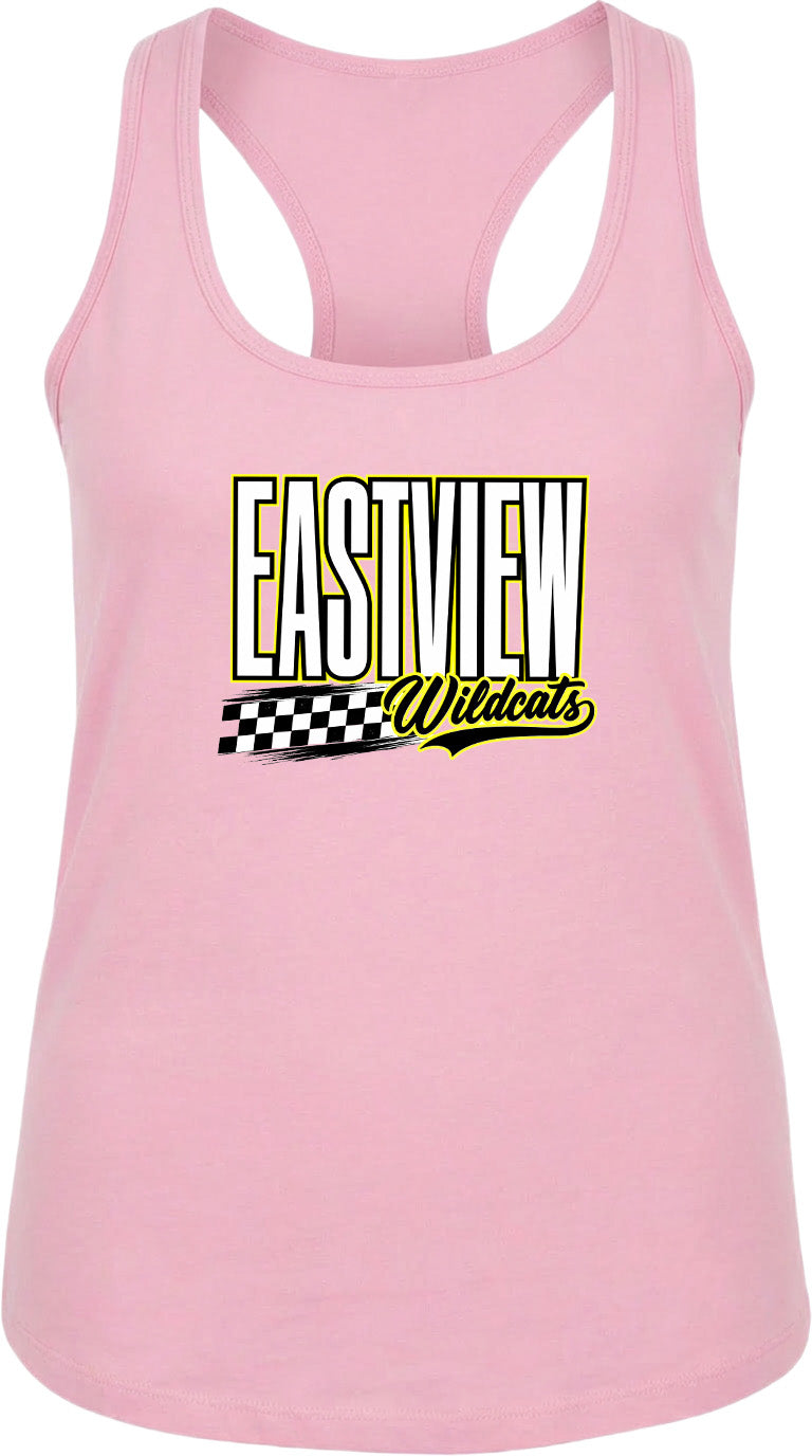 A pink tank top with a graphic design featuring the text "EASTVIEW Wildcats" and a checkered flag pattern.