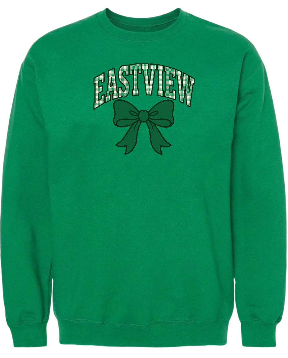 A bright green sweatshirt with a bow and the word "EASTVIEW" printed on it.