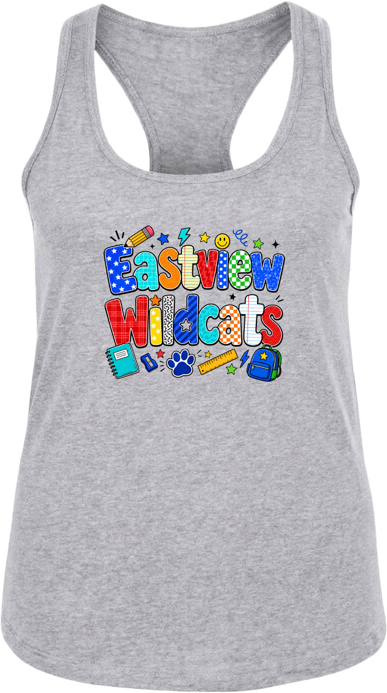 A gray tank top with a colorful graphic design featuring the text "Eastview Wildcats" and various school-related icons such as a pencil, backpack, and calculator.
