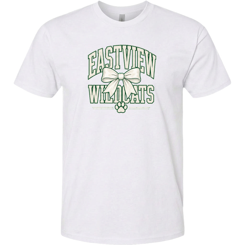 A white t-shirt with a graphic design featuring the text "EASTVIEW WILDLIFE" and a bow.