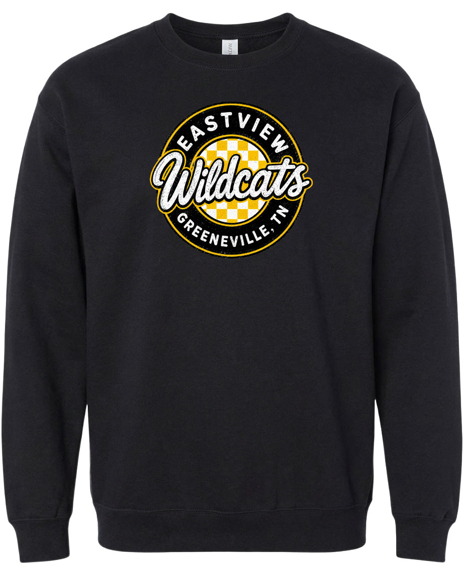 A black sweatshirt with a logo on the front.