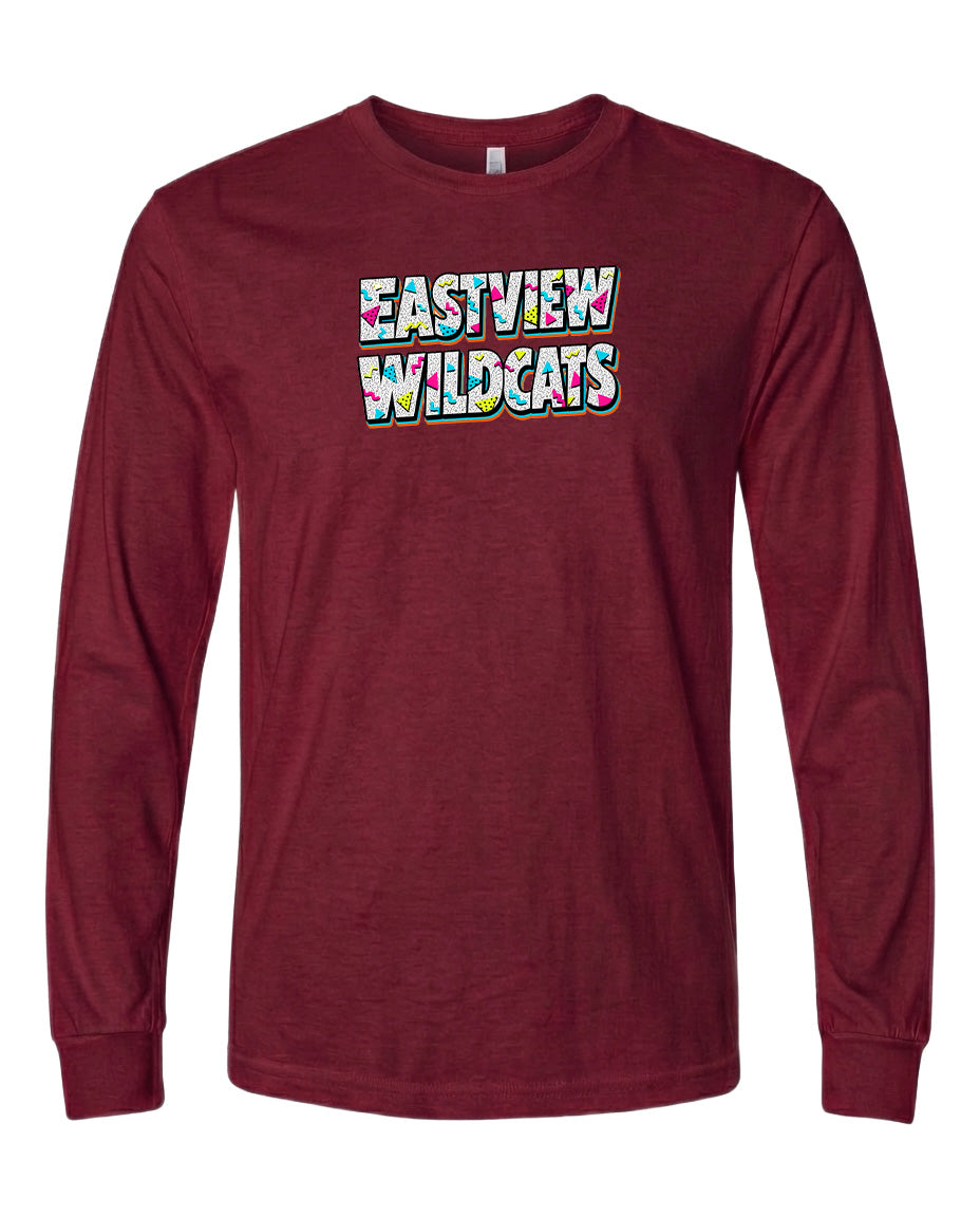 A burgundy long-sleeved t-shirt with the text "EASTVIEW WILDCATS" printed on it.