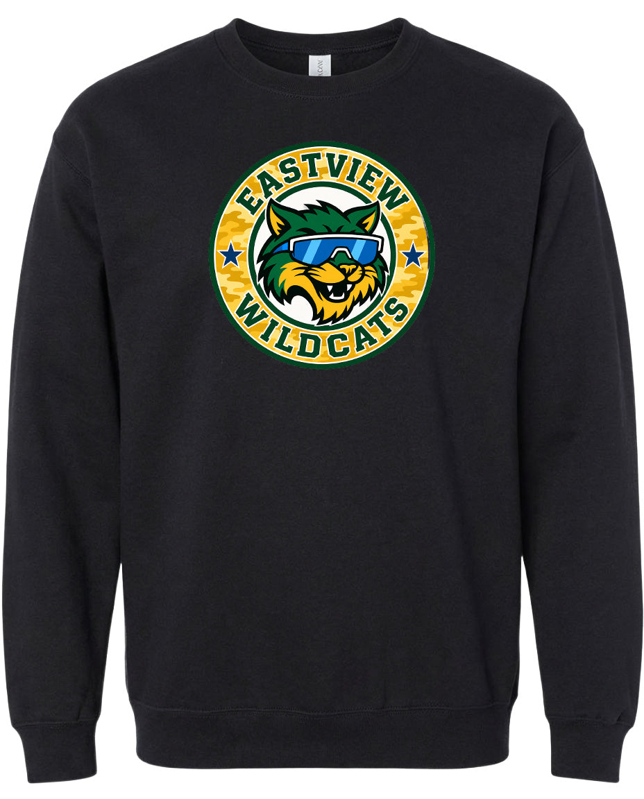 A black sweatshirt with a graphic design featuring a cartoon-style cat wearing sunglasses and the text "EASTVIEW WILDCATS" around it.
