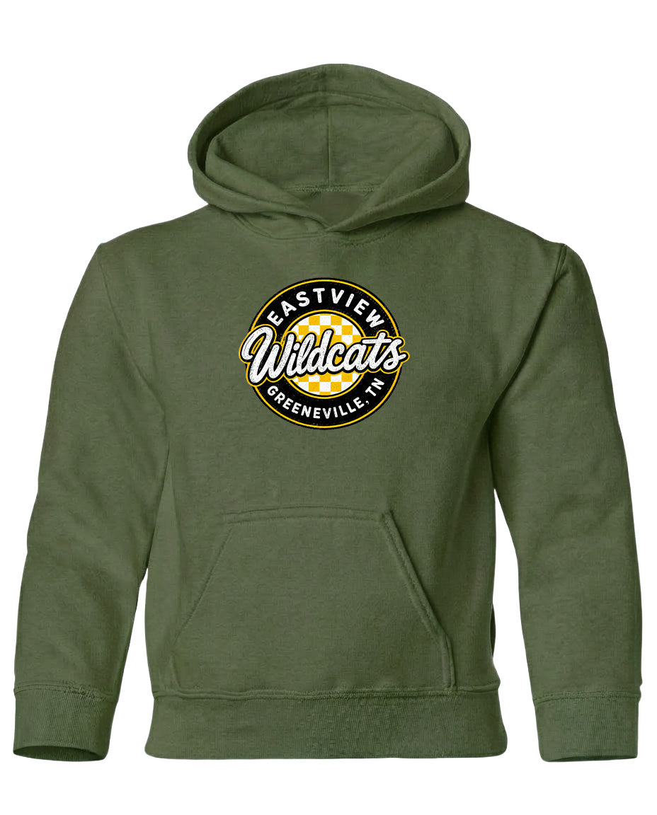 A green hoodie with a logo on the front.